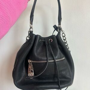 Michael Kors Black Leather Drawstring Bucket Bag with Chain Strap